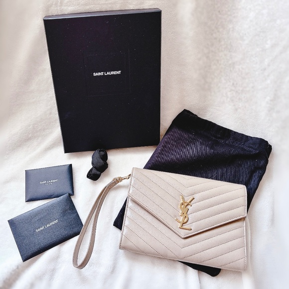 Authentic YSL New Pouch Monogram clutch bag Dark beige - Picture 1 of 9